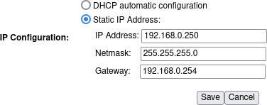Capture d&rsquo;écran de l&rsquo;interface web, avec l&rsquo;adresse IP 192.168.0.250 configurée