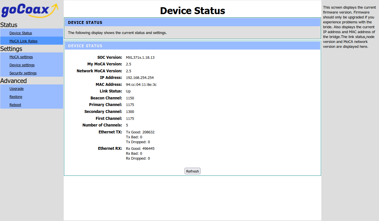 Capture d&rsquo;écran de l&rsquo;interface d&rsquo;administration web d&rsquo;un convertisseur GoCoax MA2500D