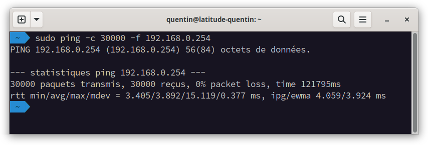 Capture d&rsquo;écran d&rsquo;un terminal montrant une mesure de perte de paquets, réalisée grâce à l&rsquo;utilitaire ping