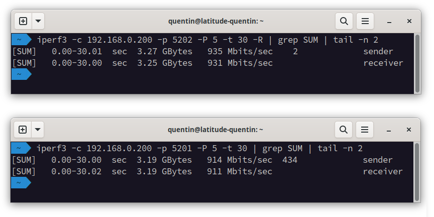 Capture d&rsquo;écran de deux terminaux montrant deux mesures de débit concurrentes, réalisées grâce au logiciel iperf3